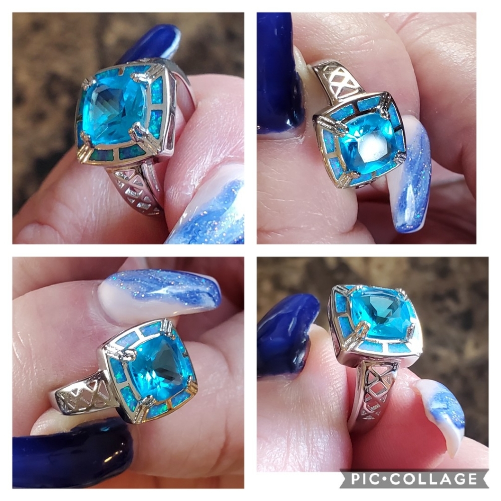 Genuine 3ct Blue Topaz/Opal inlay Ring Size 6 - Picture 5 of 8
